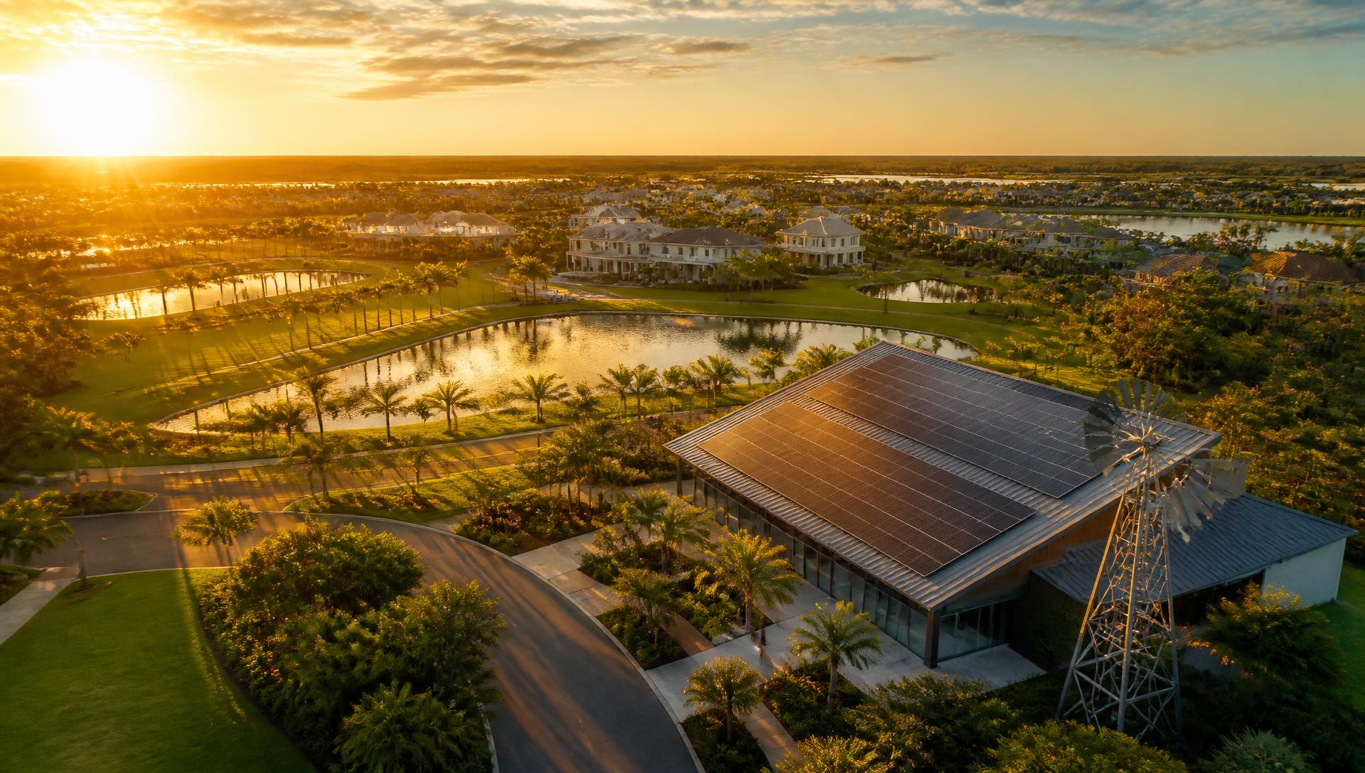 Babcock Ranch at sunset . solar-powered homes and lakes